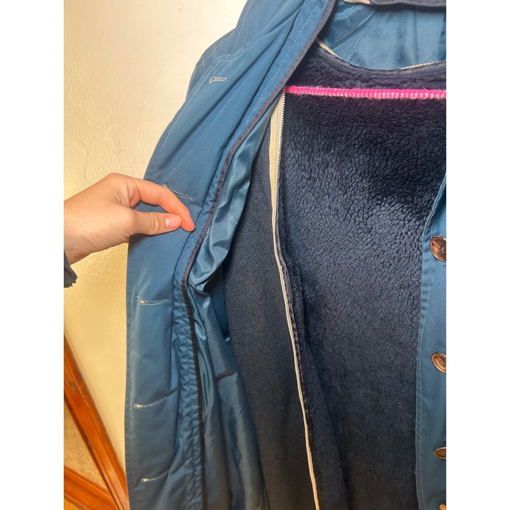 Vintage Forecaster of Boston Teal Blue Trench Coat Removable Faux Fur Lining M - Picture 3 of 5